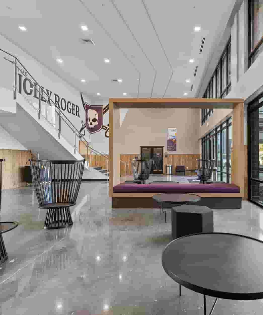 The lobby lounge at The Jolly Roger with residents lounging throughout